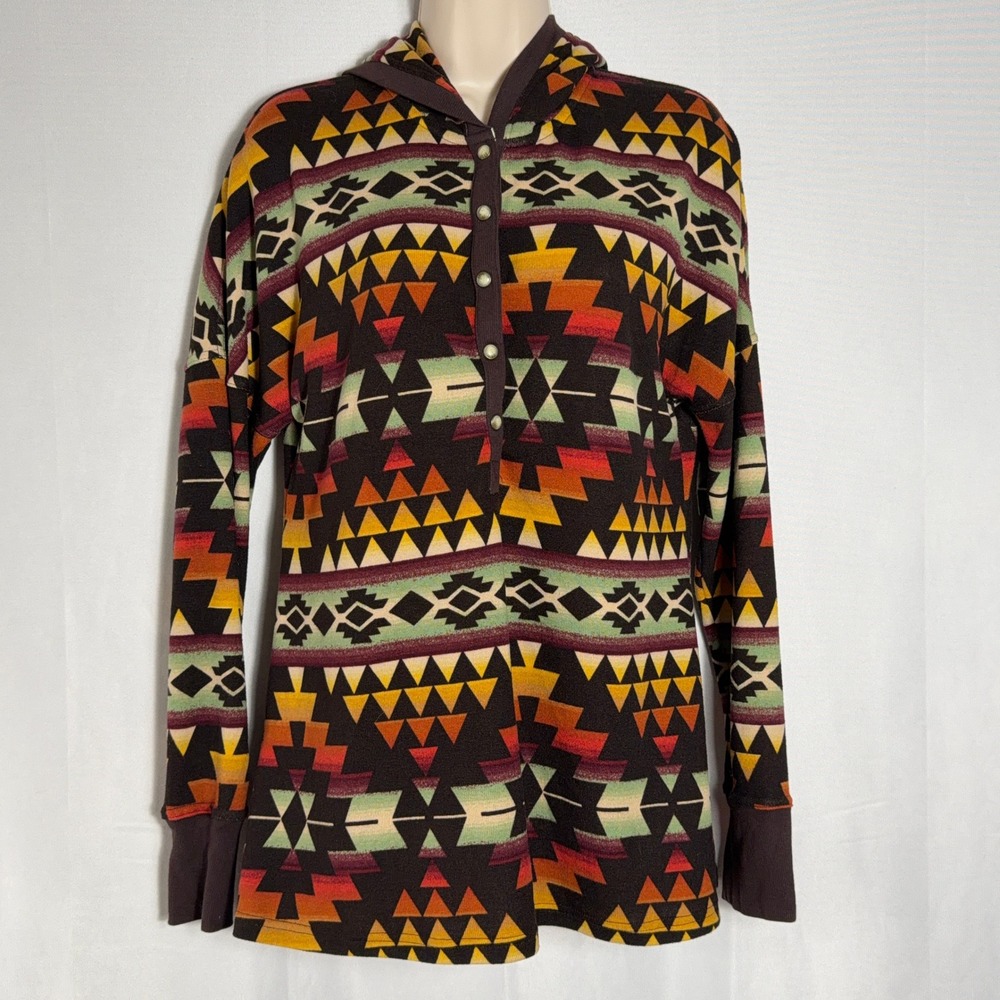 Double D Ranch Hoodie Southwestern Geometric Snap Front Brown Multi Womens XS